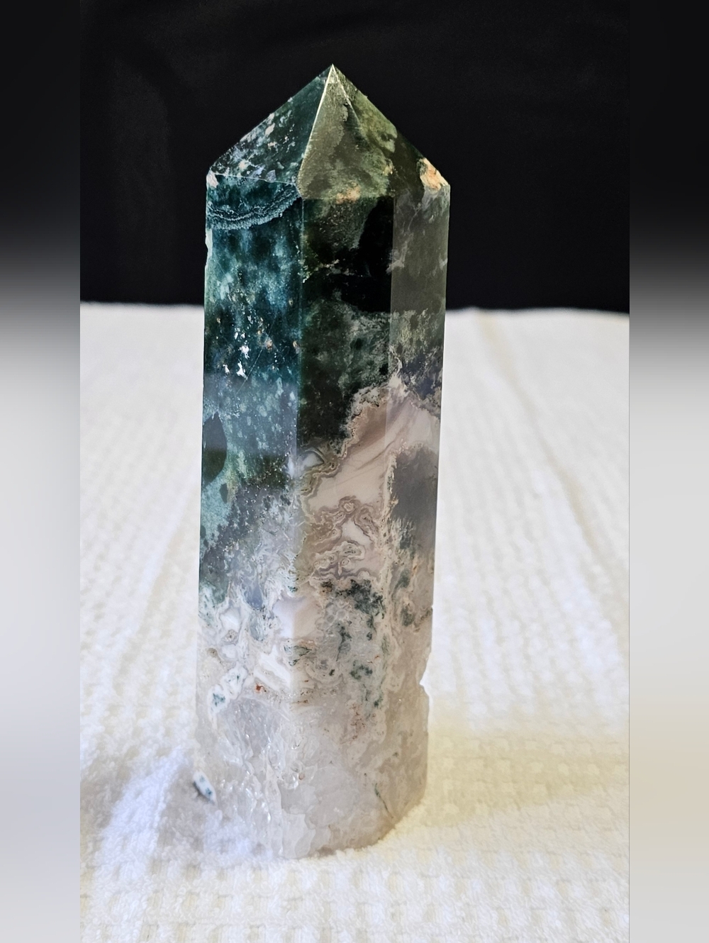 New Moss Agate/Quartz Point Tower - Natural Crystal - Picture 4 of 11